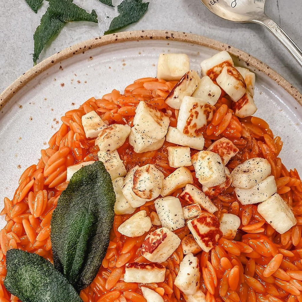 Paprika orzo with crispy sage and halloumi